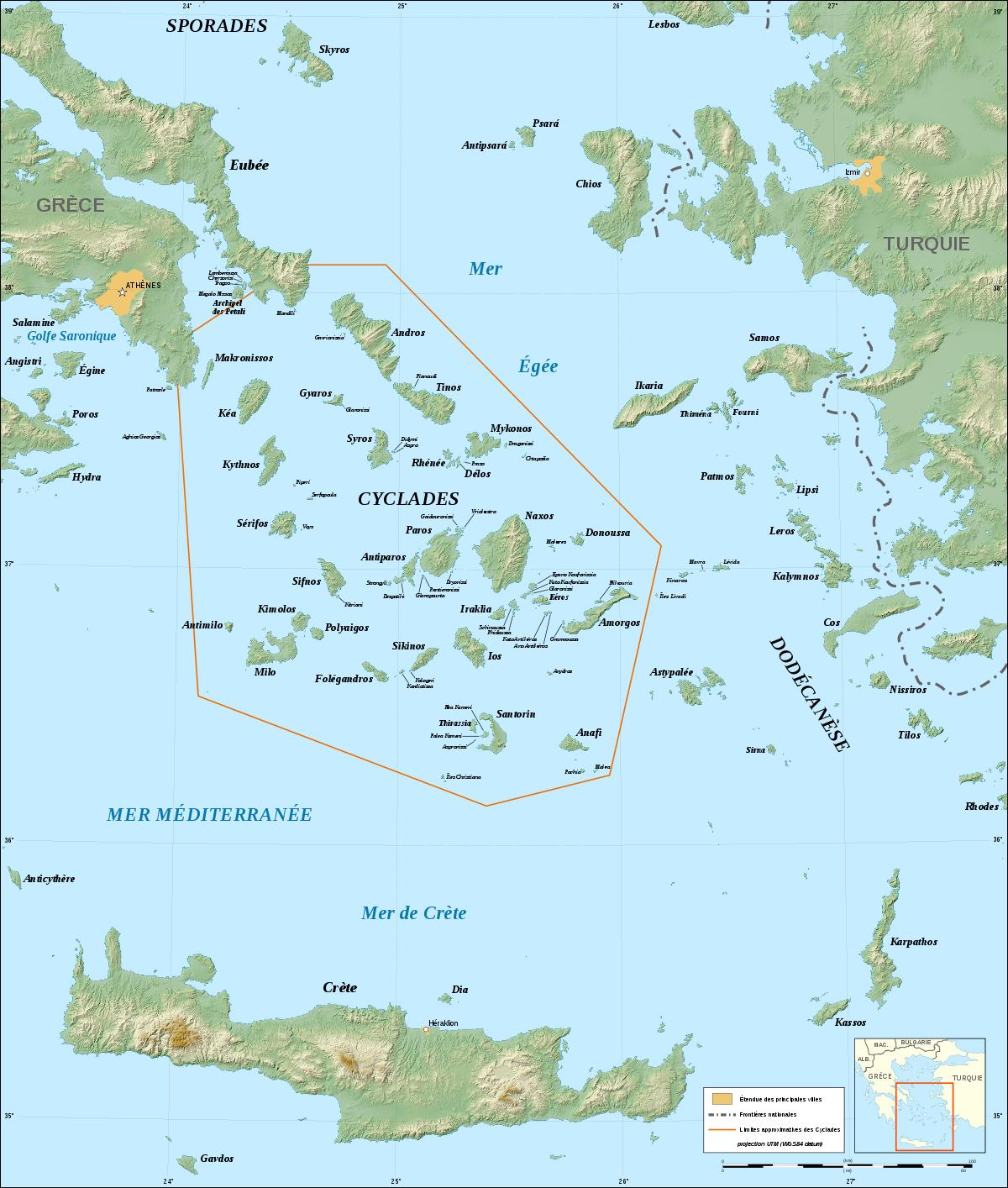 Cyclades Greece map - Map of Cyclades Greek islands (Southern Europe ...